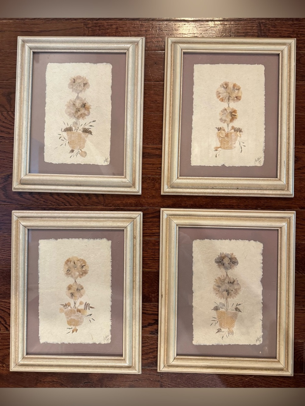 Vintage 90s Framed Pressed Flower Topiary Botanical Wall Art Signed Set of 4 VTG